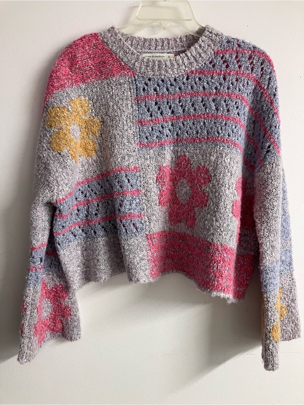 Women’s Cropped Oversized Crewneck Open Knit Sweater, S, Pur/Pink, Moon/Madison